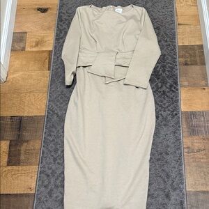 Long-Sleeve Tie-Waist Midi Dress in Beige
